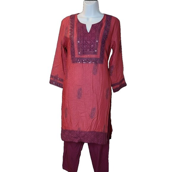 Aikya Premium Punjabi Suit L 3pc Cotton Pink Purple Print Modest Ethnic Casual - Picture 3 of 9